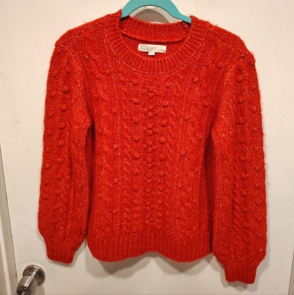 LOFT NWT Women's Red Cable Knit Bobble Sweater Sz S Petite Casual Comfy Holiday